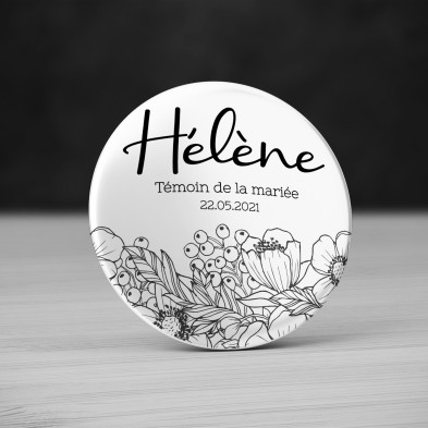 Badge Mariage Fleurs Noir et Blanc