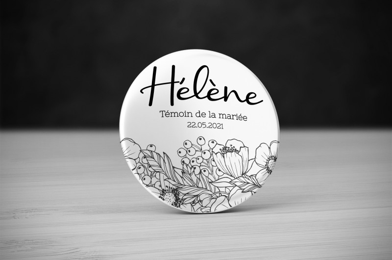 Badge Mariage Fleurs Noir et Blanc