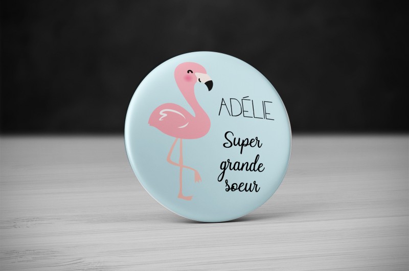 Badge Flamant Rose Super Grande Soeur