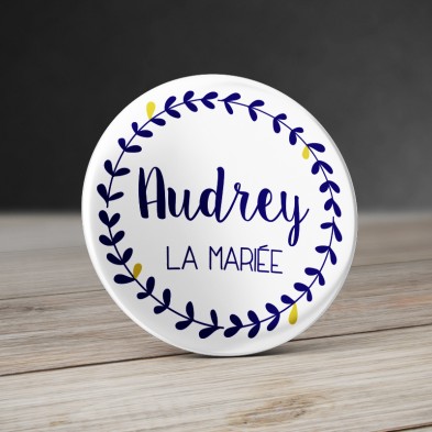 Badge Mariage Couronne de fleurs Bleu et jaune