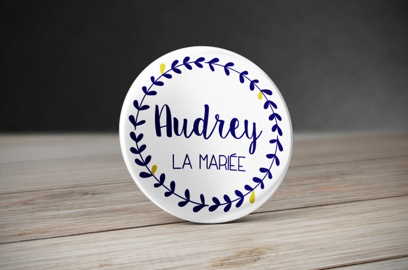 Badge Mariage Couronne de fleurs Bleu et jaune