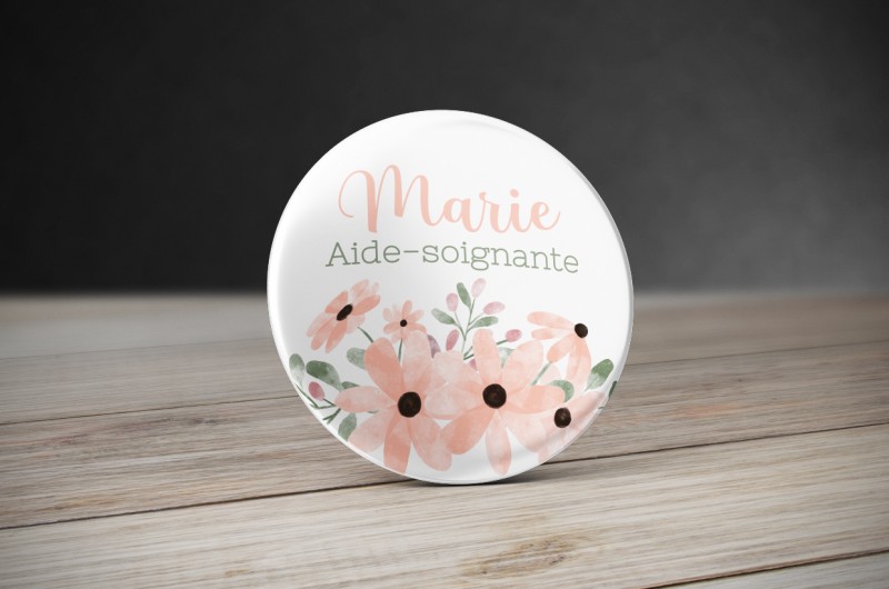Badge personnalisé Fleurs Aquarelle rose